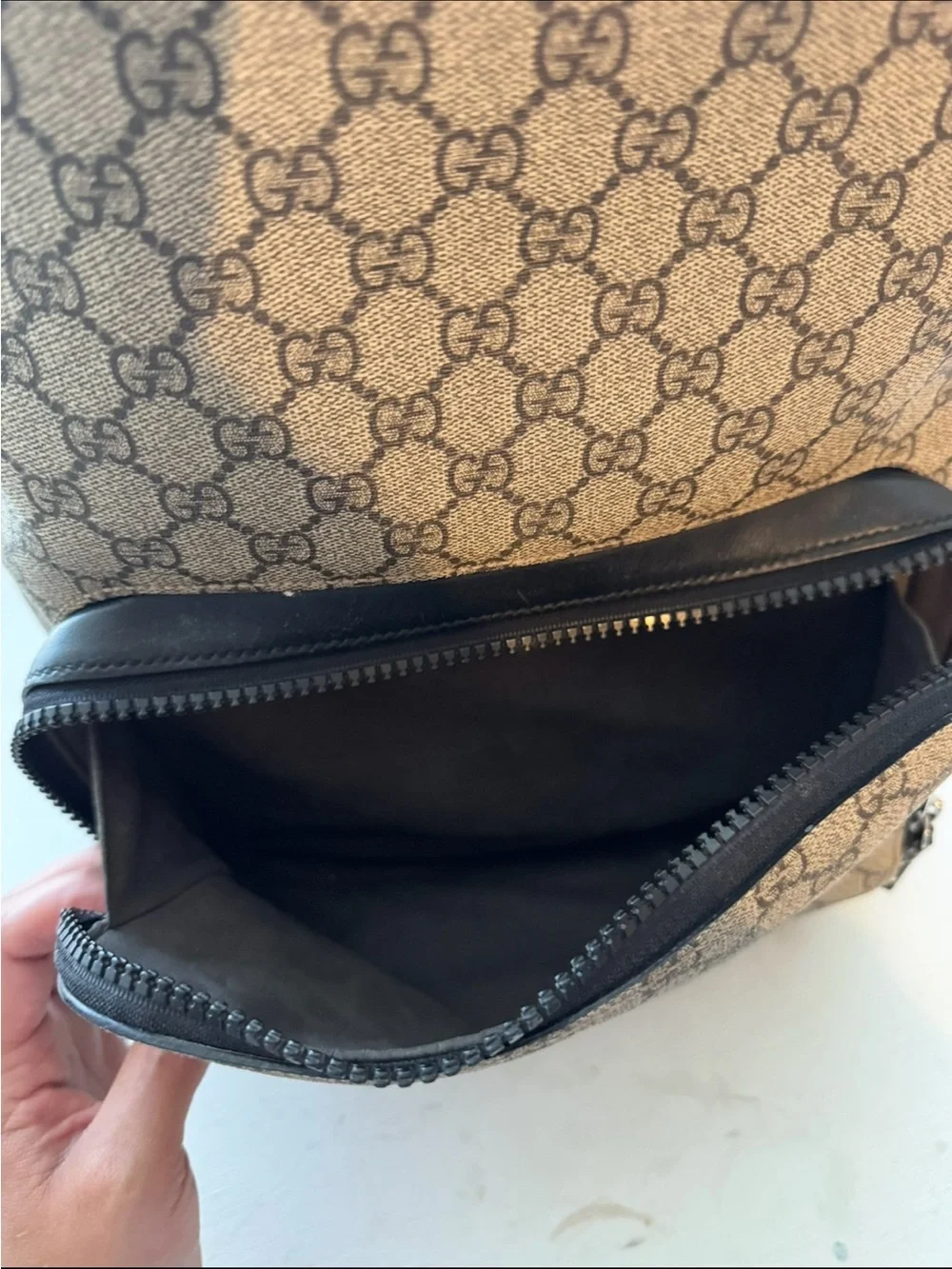 Gucci Brown Beige GG Supreme Canvas Backpack with Black Trim